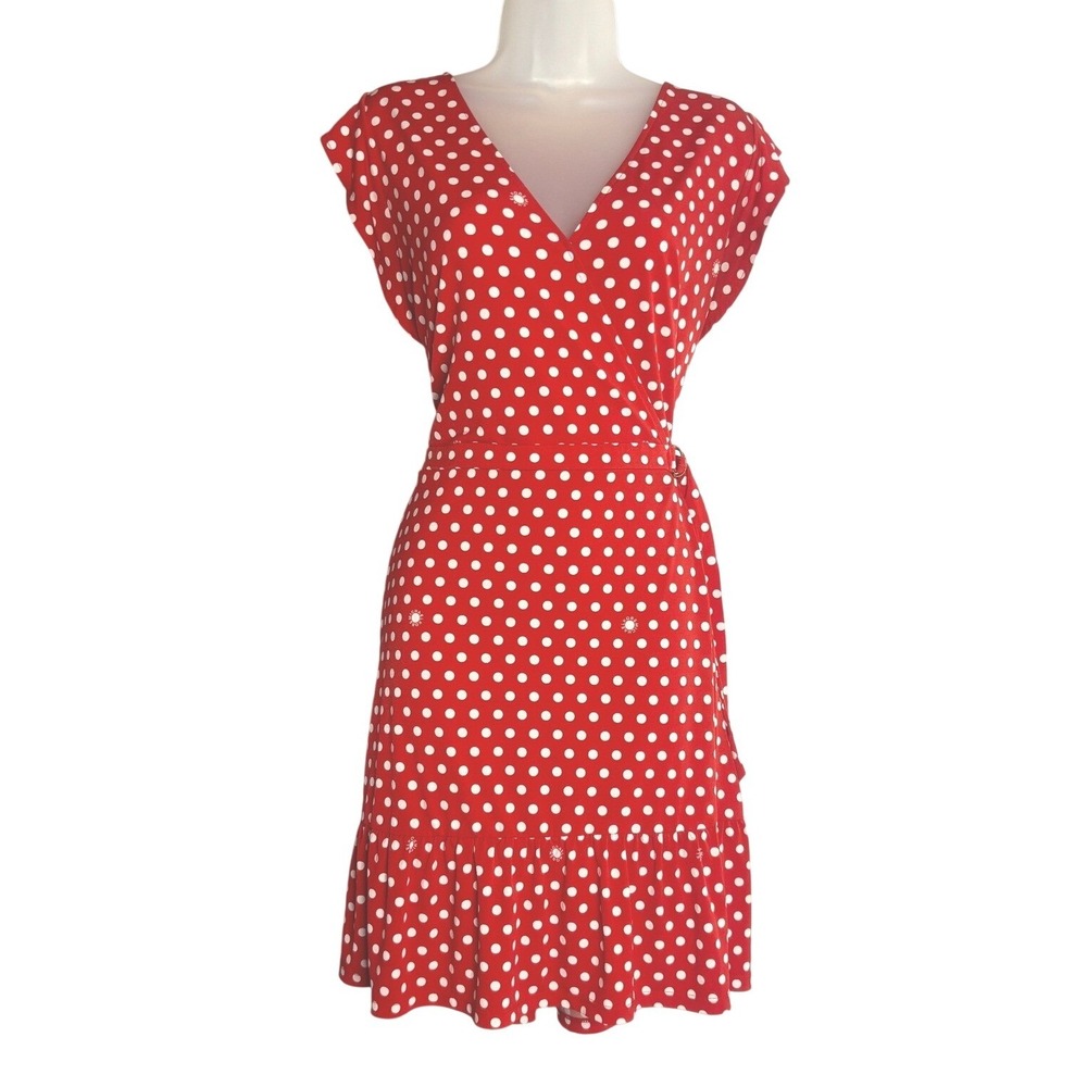 Michael Kors | Red Polka Dot Wrap Dress Ruffle Hem Cap Sleeve | XL - Picture 2 of 8